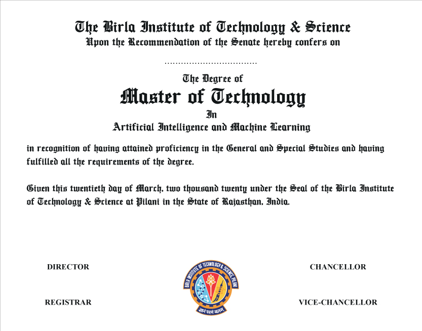 The Degree of Master of Technology in Artificial Intelligence & Machine Learning