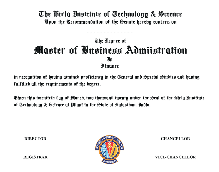 The Degree of Master of Business Administration in Finance