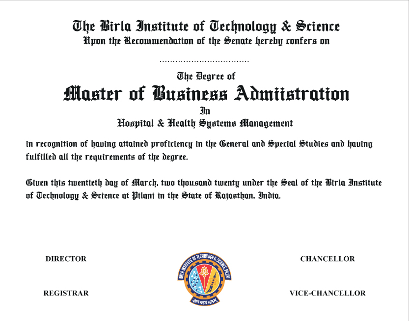 The Degree of Master of Business Administration in Hospital and Health Systems Management