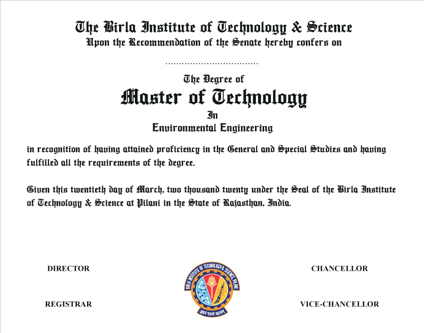 The Degree of Master of Technology in Environmental Engineering