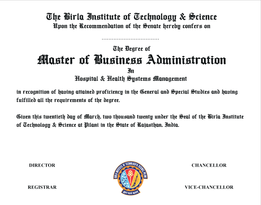 The Degree of Master of Business Administration in Hospital and Health Systems Management