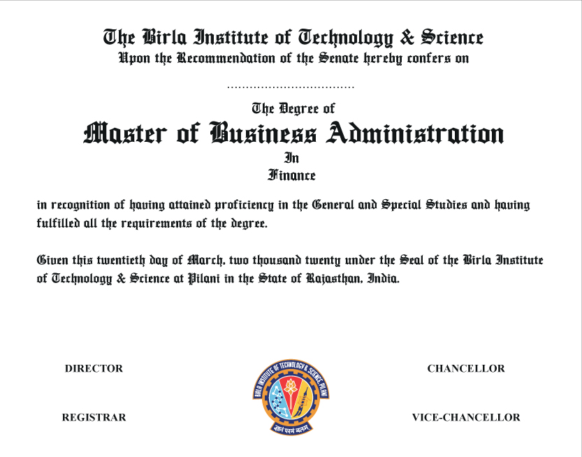 The Degree of Master of Business Administration in Finance